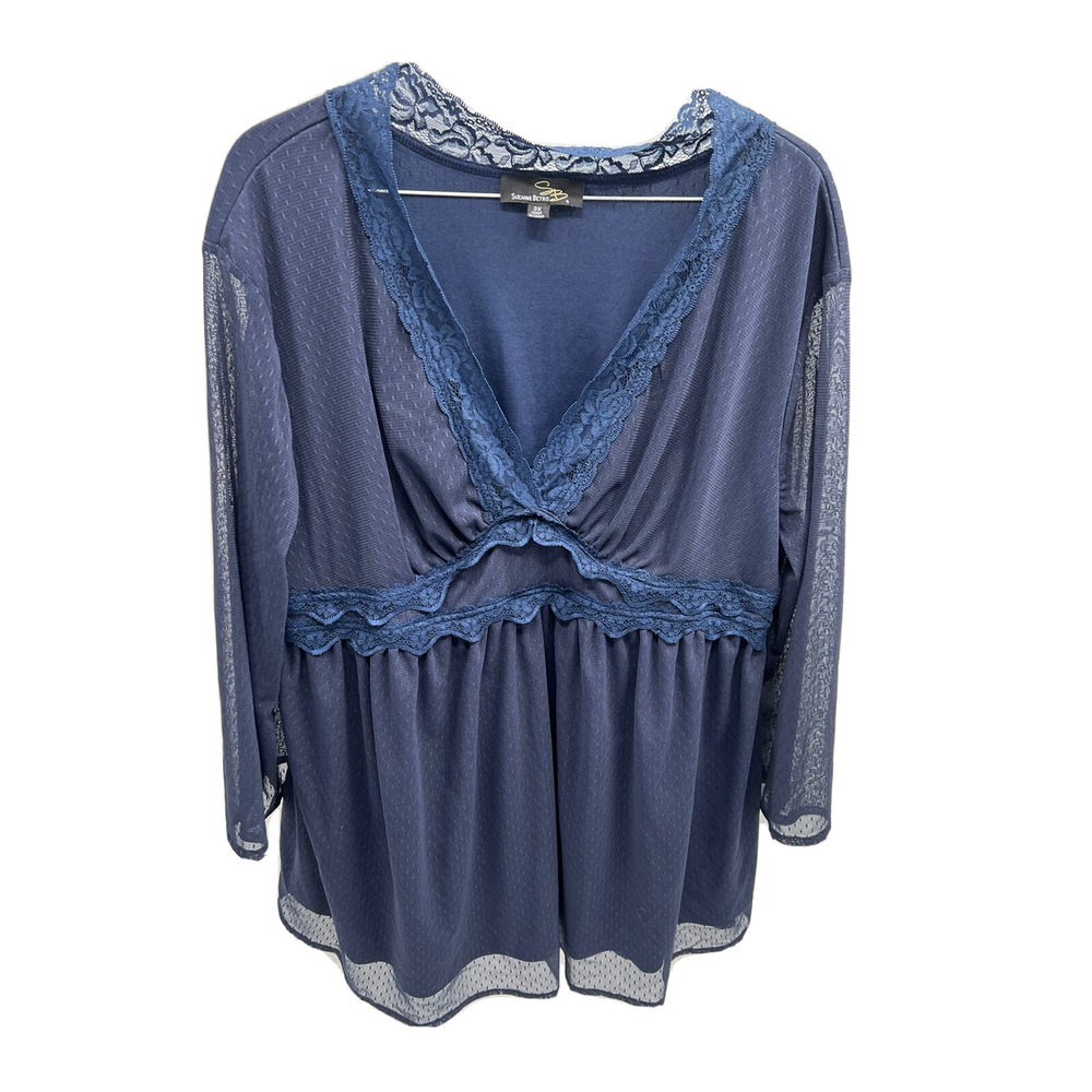 Blouse Weekend Suzanne Betro Womens Top Tunic 3X Blue V Neck Lace - Picture 3 of 6